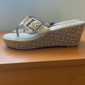 Guess Tan and Brown Wedge Sandals with Cork-Style Heel